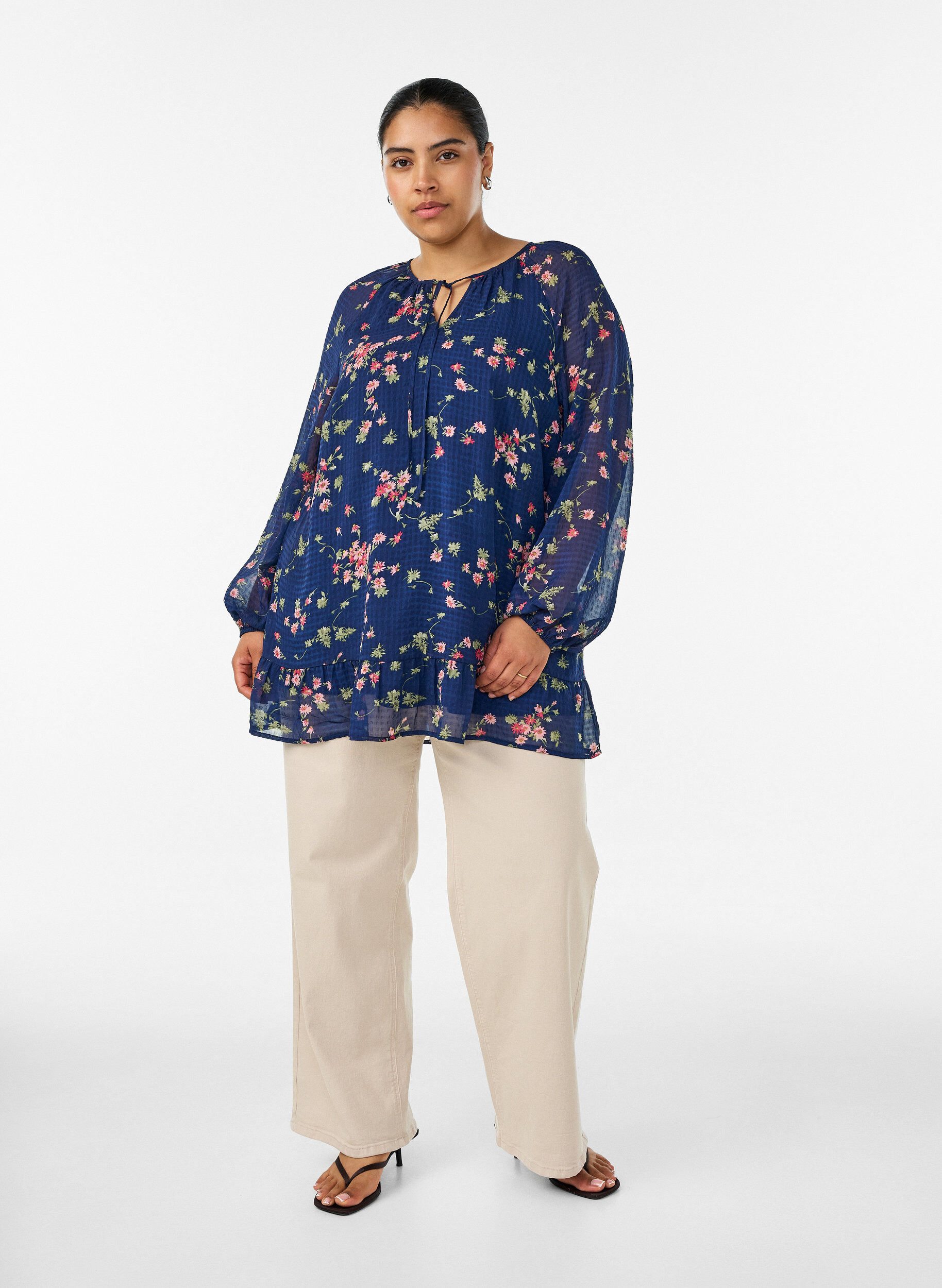 ZizzifashionFloral print A-line tunic, Blue, Model image number 1