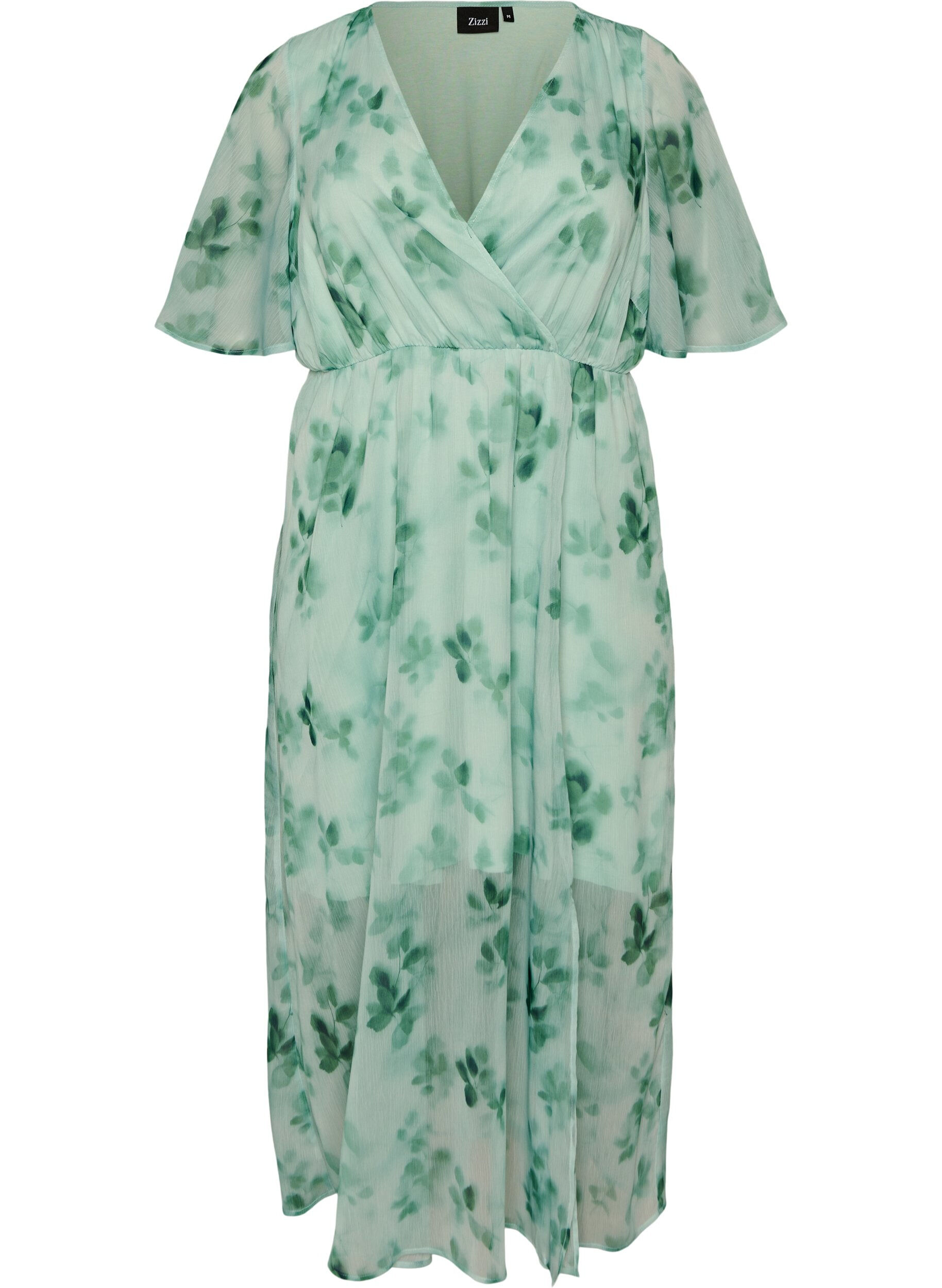 Long chiffon dress with floral print and short sleeves
