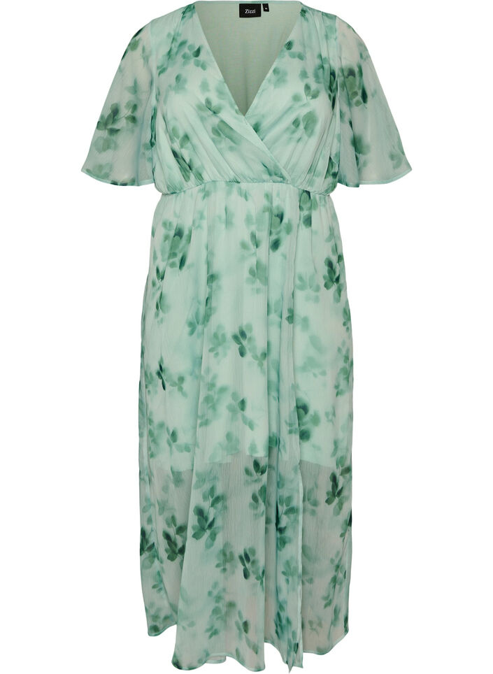 Long chiffon dress with floral print and short sleeves, Green, Packshot image number 0