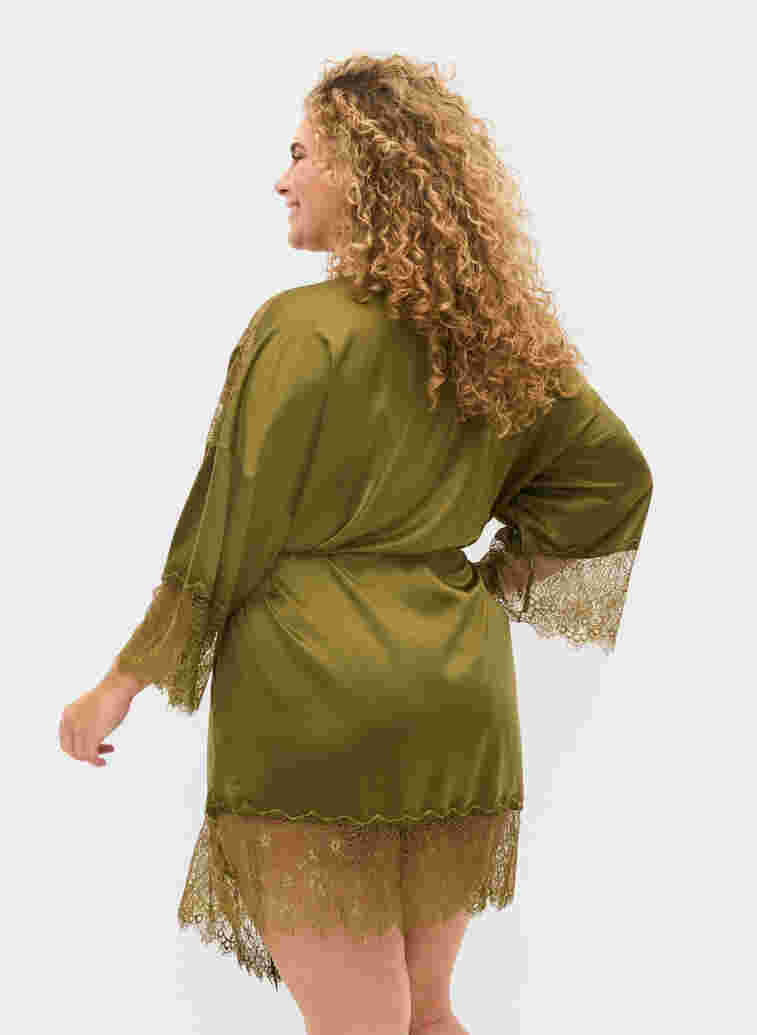 Dressing gown with lace details and tie belt, Military Olive ASS, Model image number 1