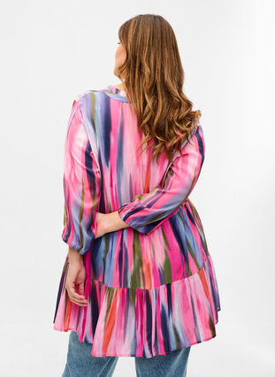 Printed viscose tunic with tie-string detail, Pink AOP, Model image number 1