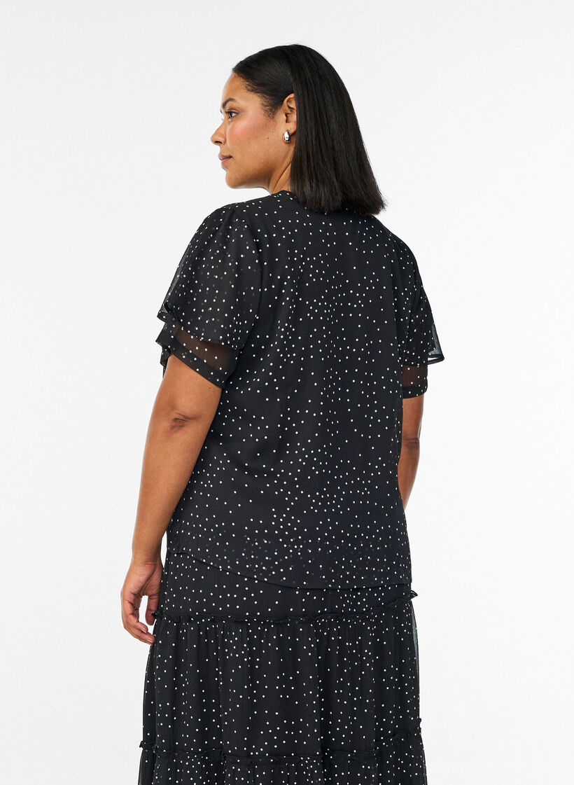 Chiffon blouse with polka dots and ruffle sleeves, Black, Model image number 2