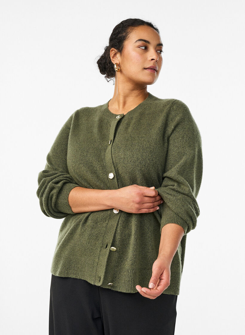Cardigan in soft knit with gold-coloured buttons, Green, Model image number 0