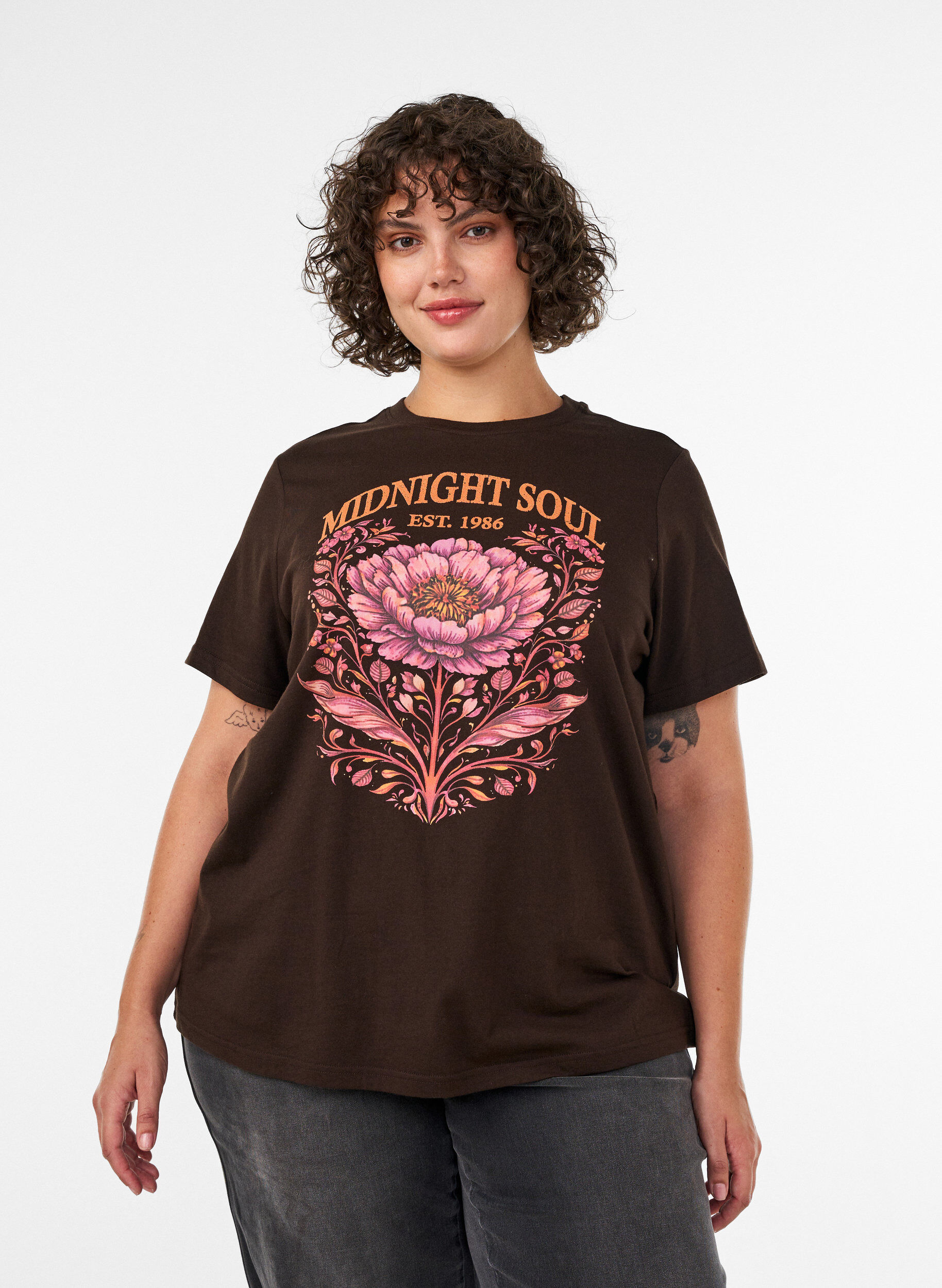 ZizzifashionOrganic cotton T-shirt with front print, Brown, Model image number 0