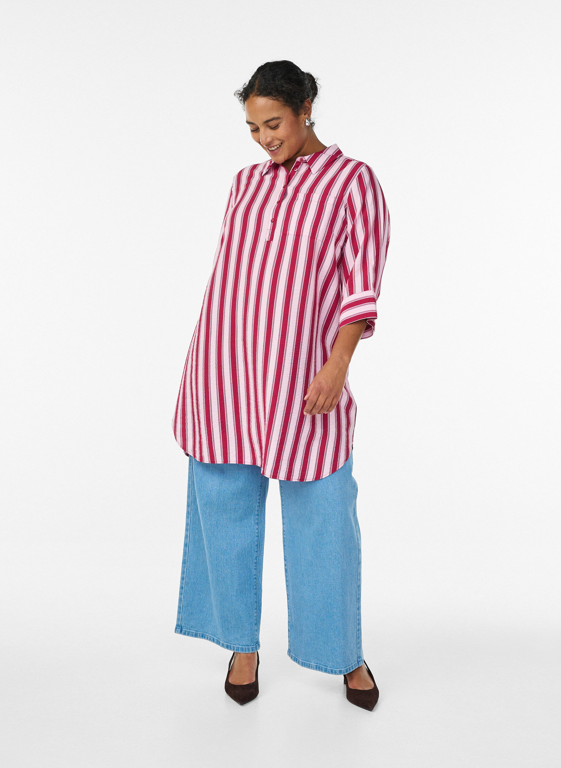 Zizzifashion Short dress with collar and chest pocket, Pink, Model image number 1