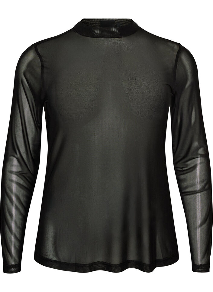 Fitted mesh blouse with long sleeves, Black, Packshot image number 0