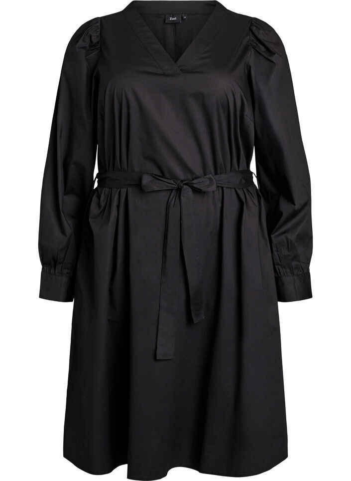 Dress in organic cotton with tie belt, Black, Packshot image number 0