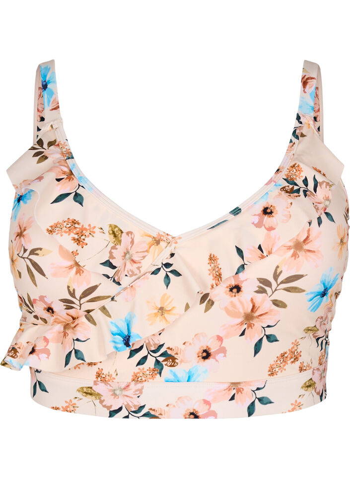 Floral bikini top with ruffle details, Beige, Packshot image number 0