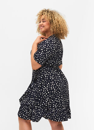 Printed wrap dress with short sleeves, Night Sky Dot, Model image number 1