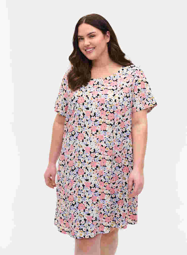 Short-sleeved floral viscose dress, Dusty Flower Mix, Model image number 0