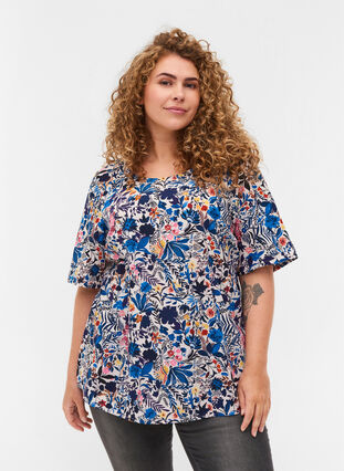 Floral blouse in cotton with short sleeves, Flower AOP, Model image number 0