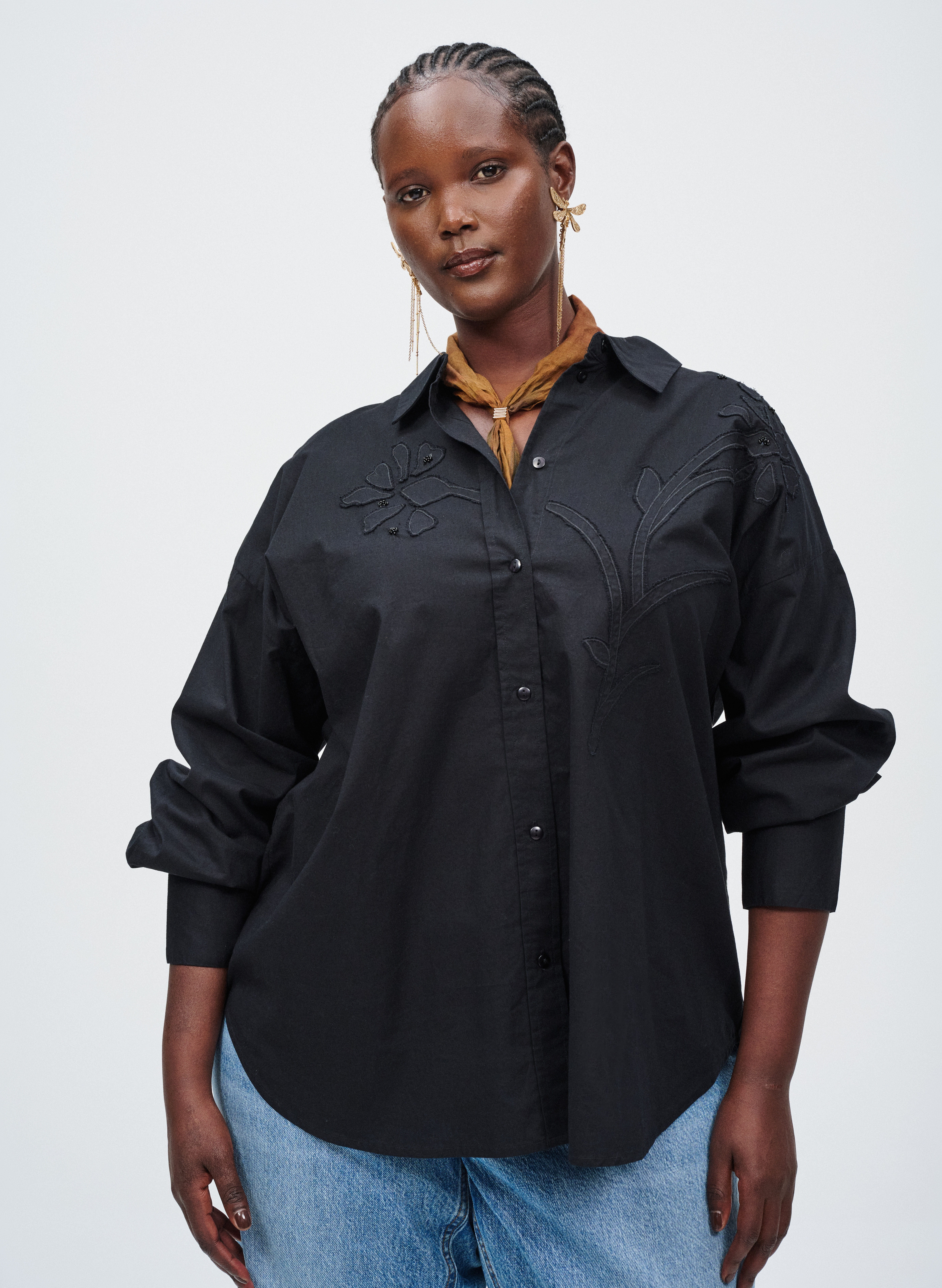 Black shirt with floral embroidery, , Model