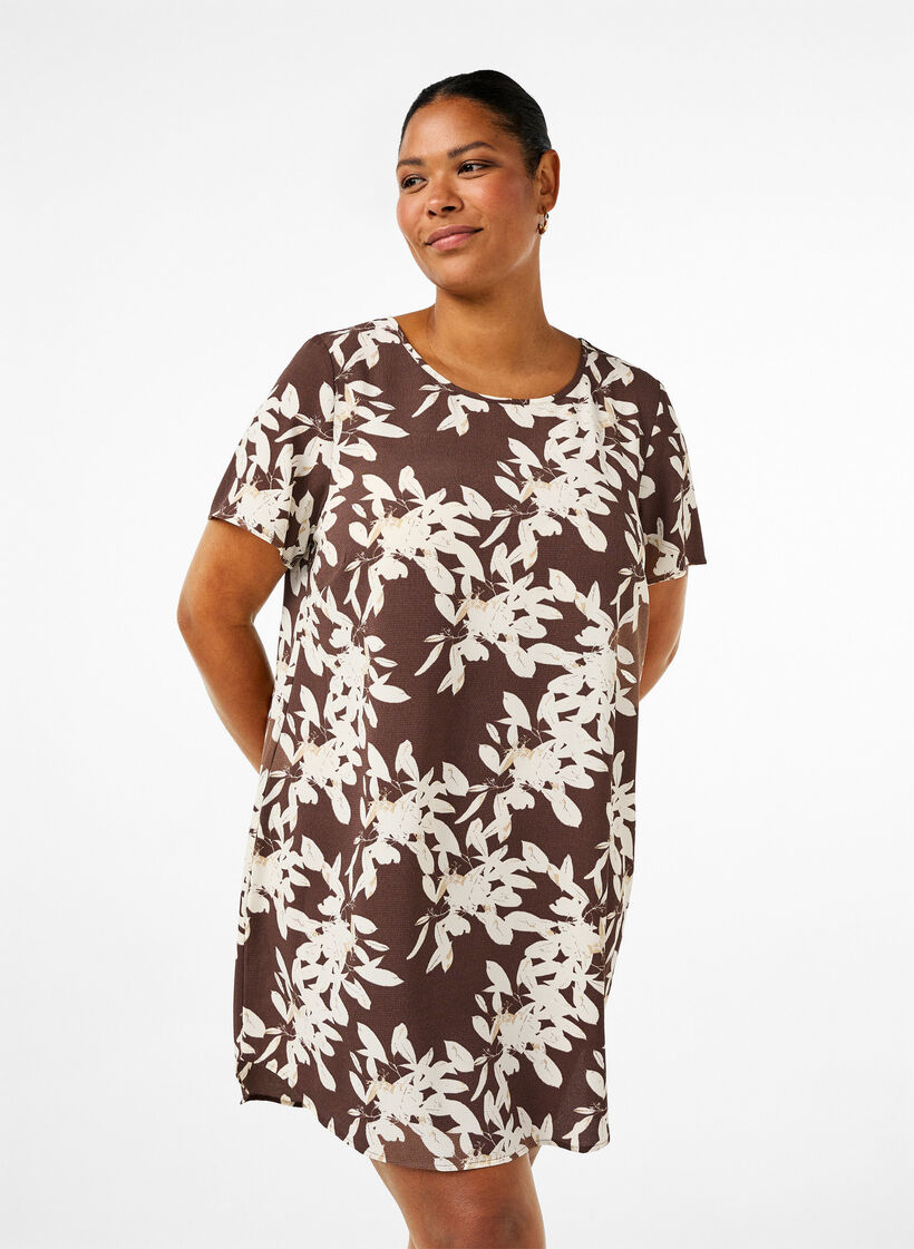 Dress with print and short sleeves, Brown, Model image number 0