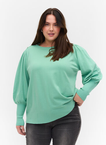 Knitted ribbed sweater with balloon sleeves, Dusty Jade Green Mel, Model image number 0