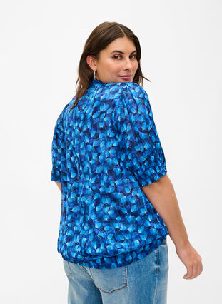 Short-sleeved smock blouse with print, Navy Blazer Leaf AOP, Model image number 1