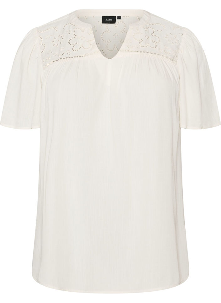 Blouse in viscose with broderie anglaise, Beige, Packshot image number 0