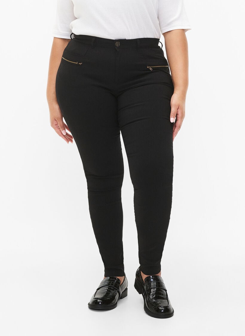 Close-fitting trousers with zipper details, Black, Model image number 3
