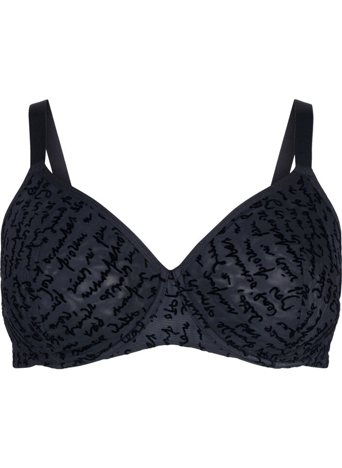 Full cover bra with text print, Black, Packshot image number 0