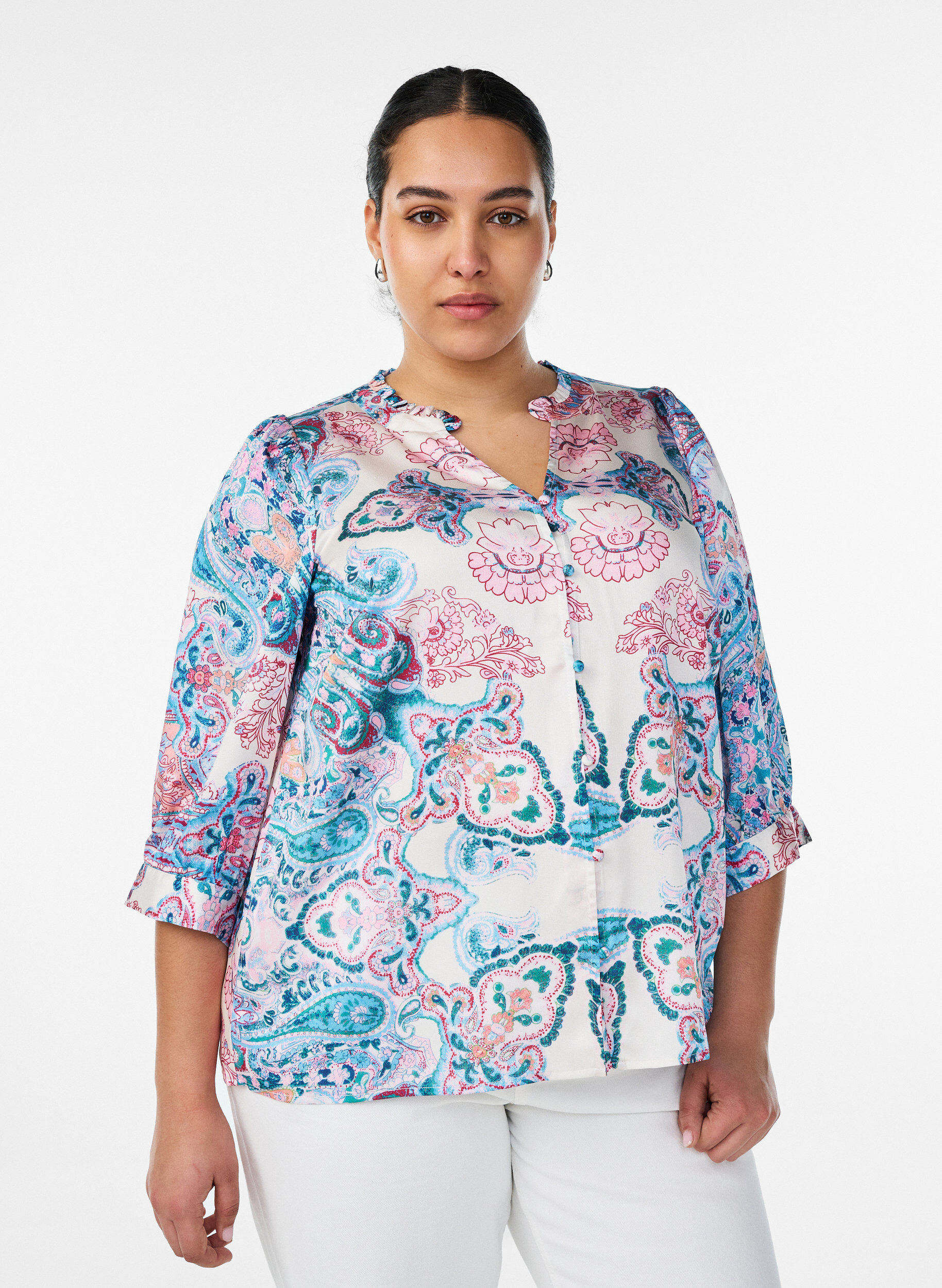 ZizzifashionSatin-look blouse with a paisley print and 3/4 sleeves, Blue, Model image number 0