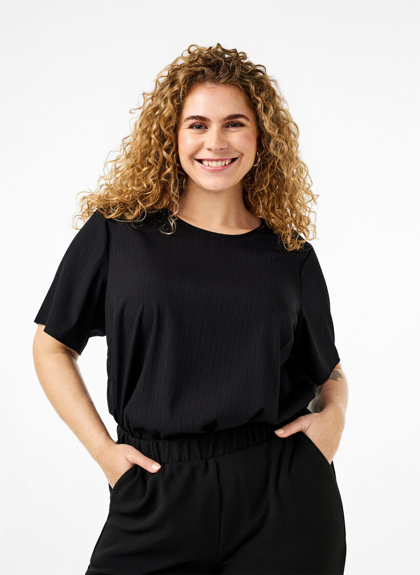 Short-sleeved viscose blouse with ties, Black, Model image number 0