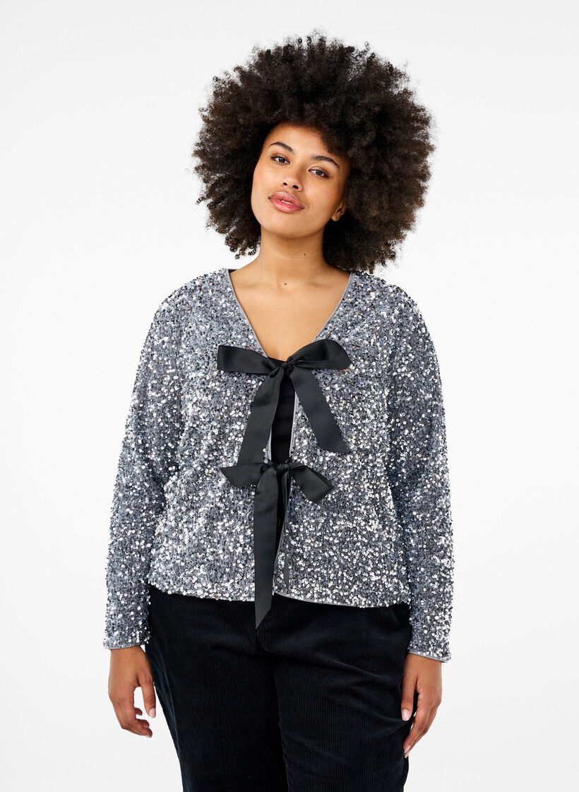 Sequin blouse with tie details, Silver, Model image number 0
