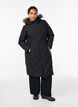 Long winter coat with hook fastenings and a faux fur collar, Black, Model image number 0