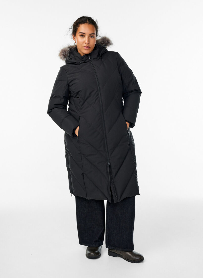 Long winter coat with hook fastenings and a faux fur collar, Black, Model image number 0