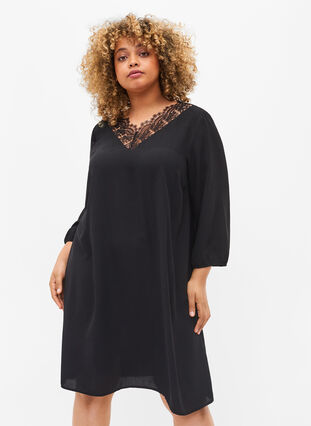 Dress with lace and 3/4 length sleeves, Black, Model image number 0