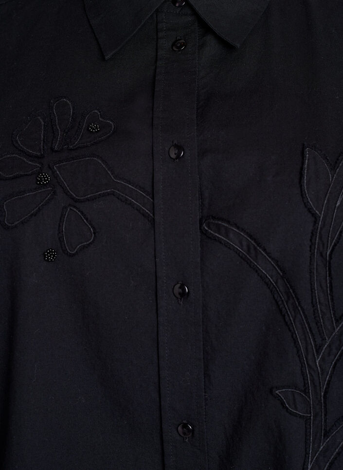 Cotton shirt with tone-on-tone floral embroidery, Black, Packshot image number 2
