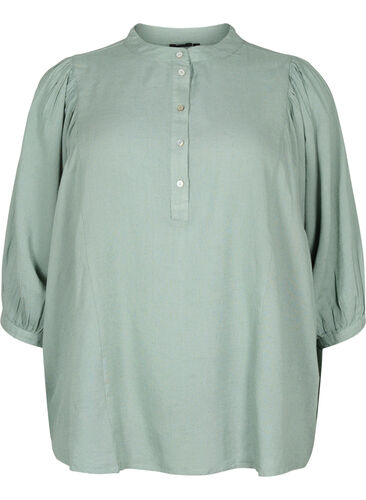 Viscose-Linen Mix Shirt Blouse with 3/4 Sleeves, Chinois Green, Packshot image number 0
