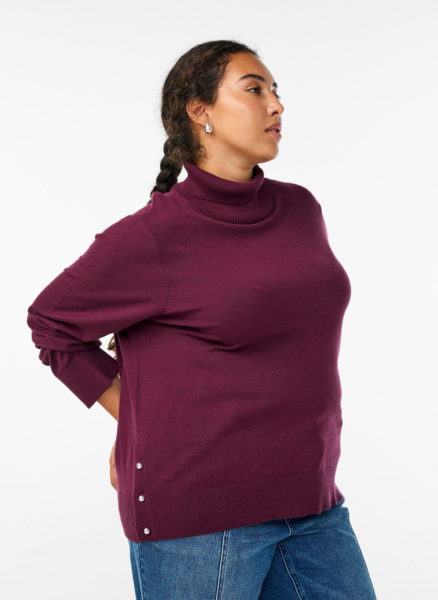 Zizzifashion Knitted blouse with turtleneck and side buttons, Dark Bordeaux, Model image number 3