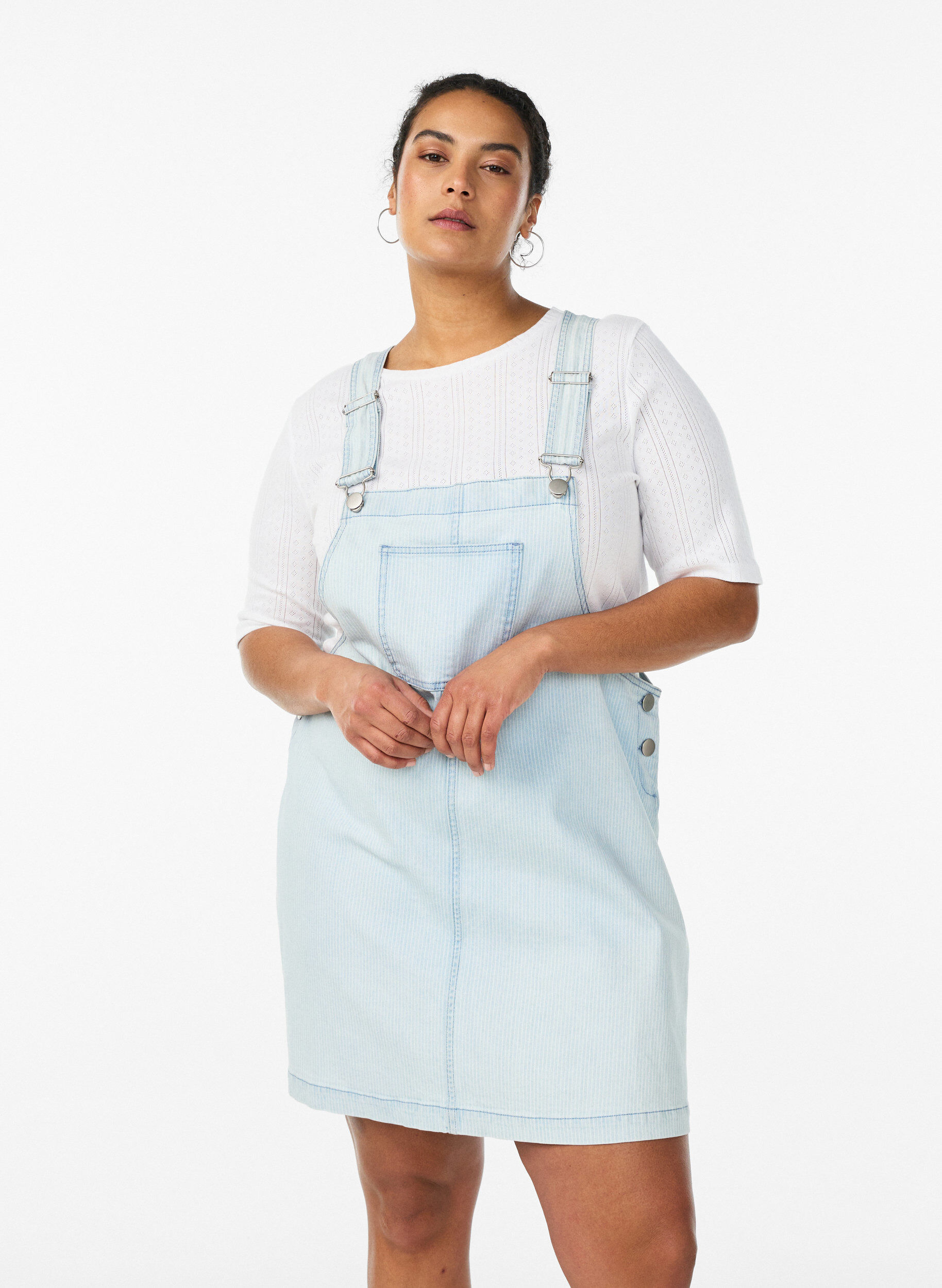 Short denim dungaree dress in striped cotton, Light Blue, Model
