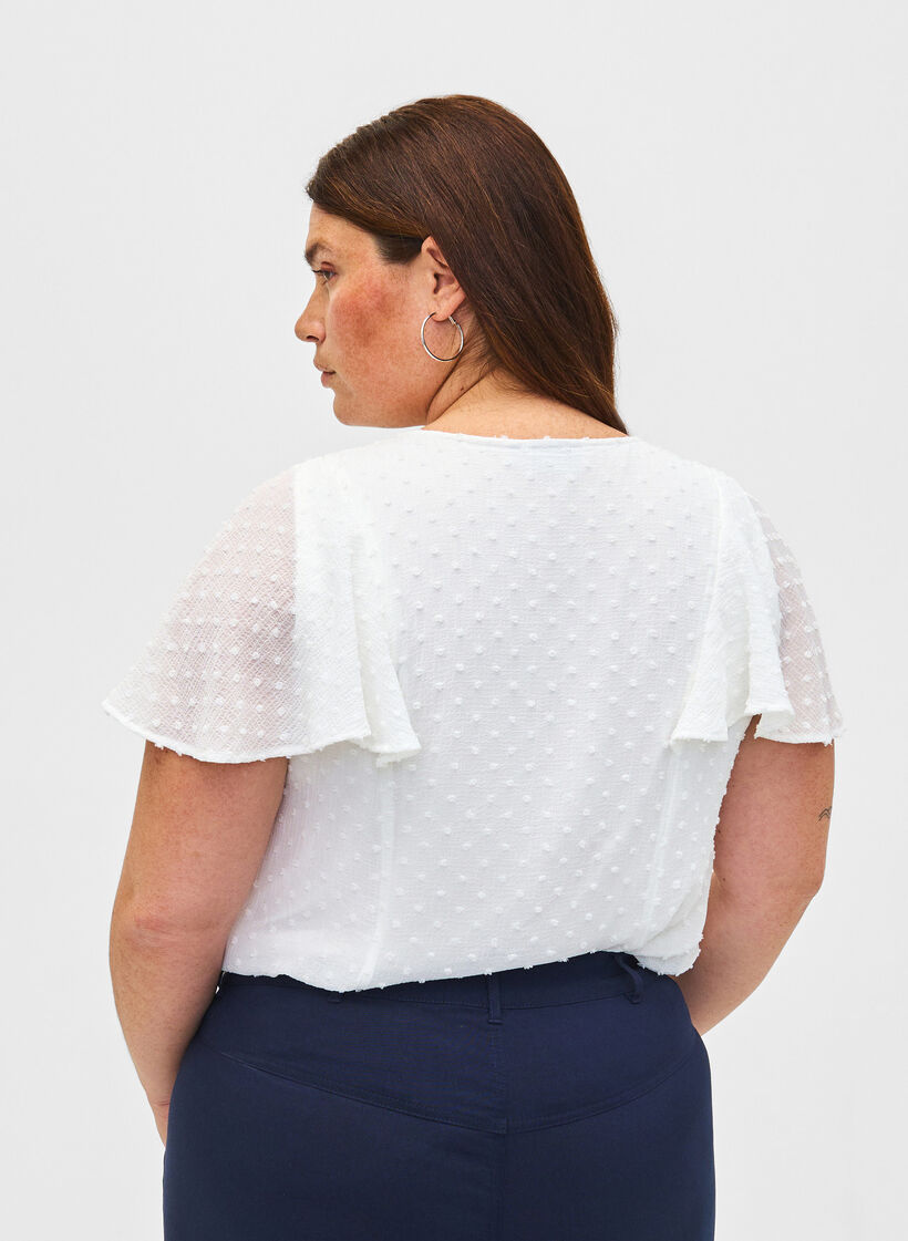 Blouse with dotted texture and short sleeves, Bright White, Model image number 1