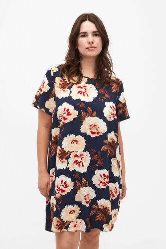 Dress with print and short sleeves, Navy B. Rose AOP, Model image number 0