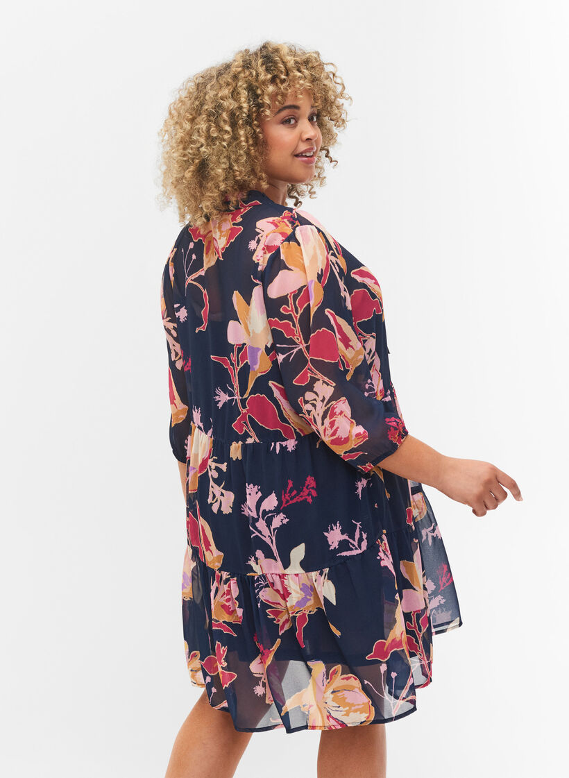 Floral tunic with 3/4 sleeves and ruffle collar, Big Flower AOP, Model image number 1