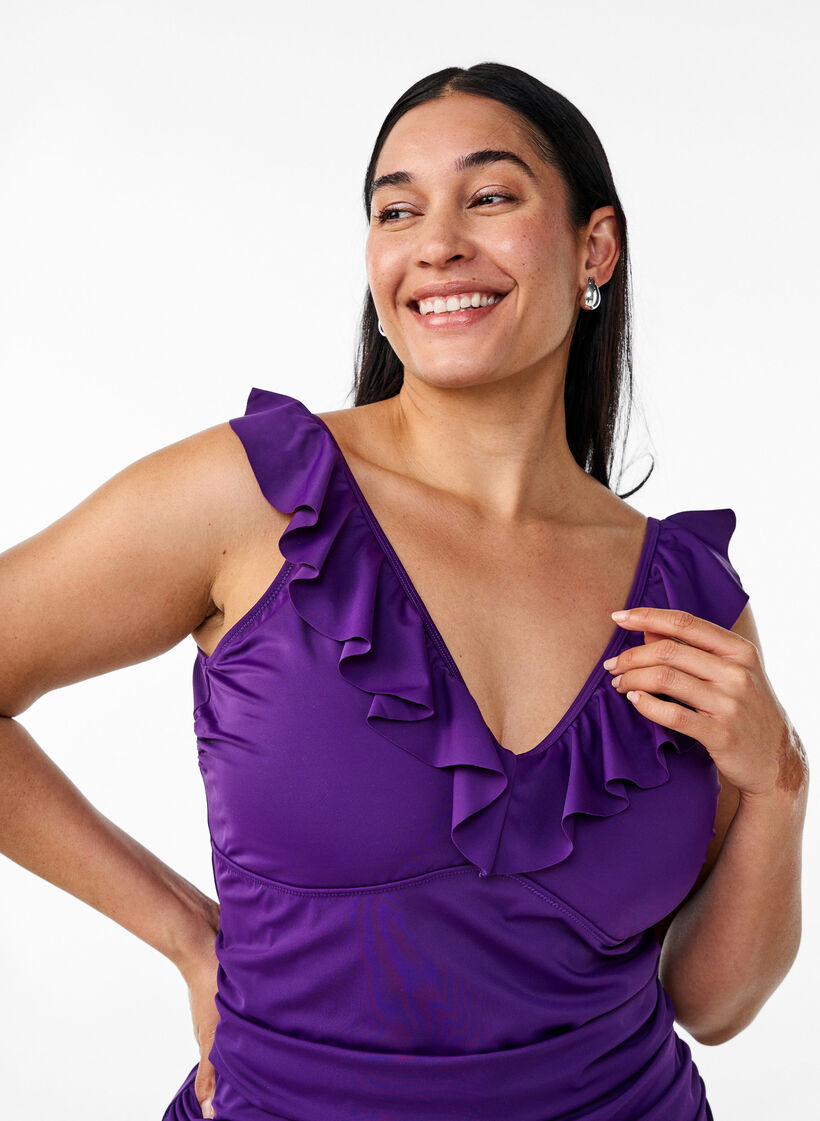Swimsuit with ruffles and removable inserts, Purple, Model image number 2