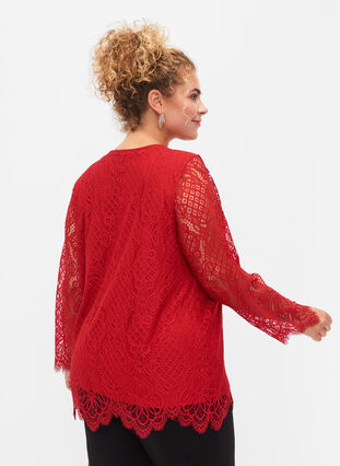 Long-sleeved lace blouse with v-neck, Tango Red, Model image number 1
