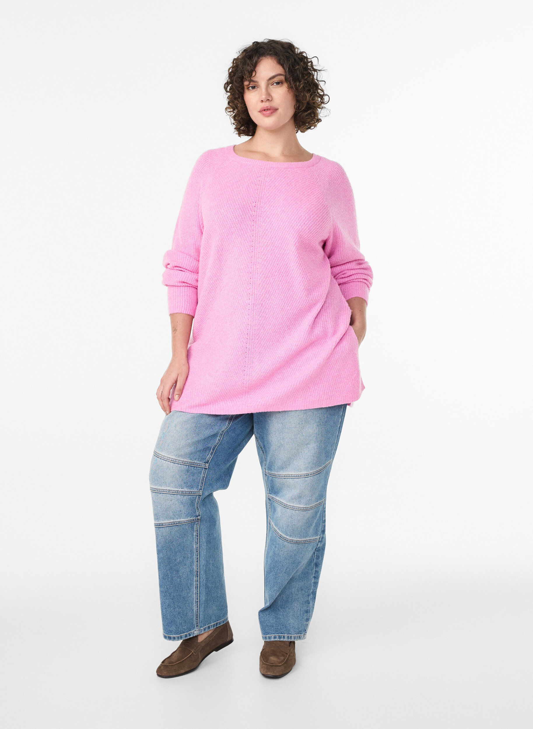 ZizzifashionKnitted jumper with a diagonal pattern and raglan sleeves, Pink, Model image number 1