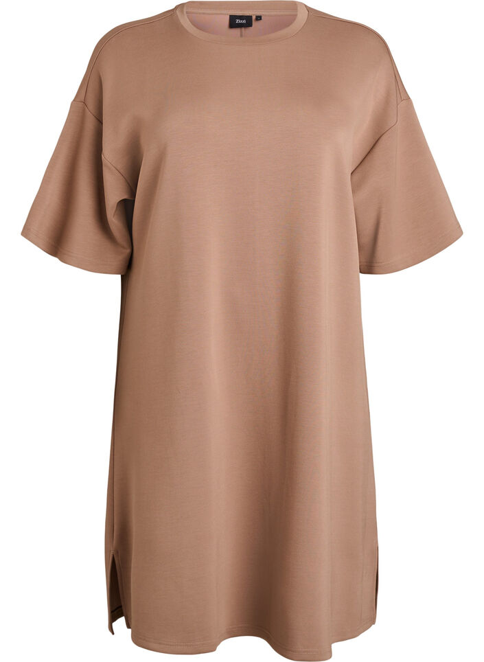 T-shirt dress in jersey with side slits, Brown, Packshot image number 0