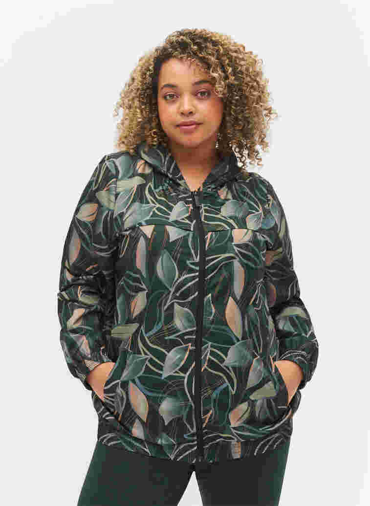 Printed hooded workout jacket with zip, Leaf Print, Model