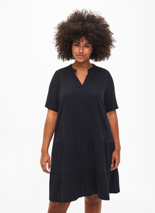 Short sleeve dress in 100% cotton, Black, Model image number 2