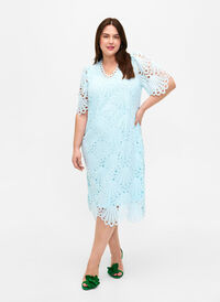 Crochet dress with short sleeves, Delicate Blue, Model