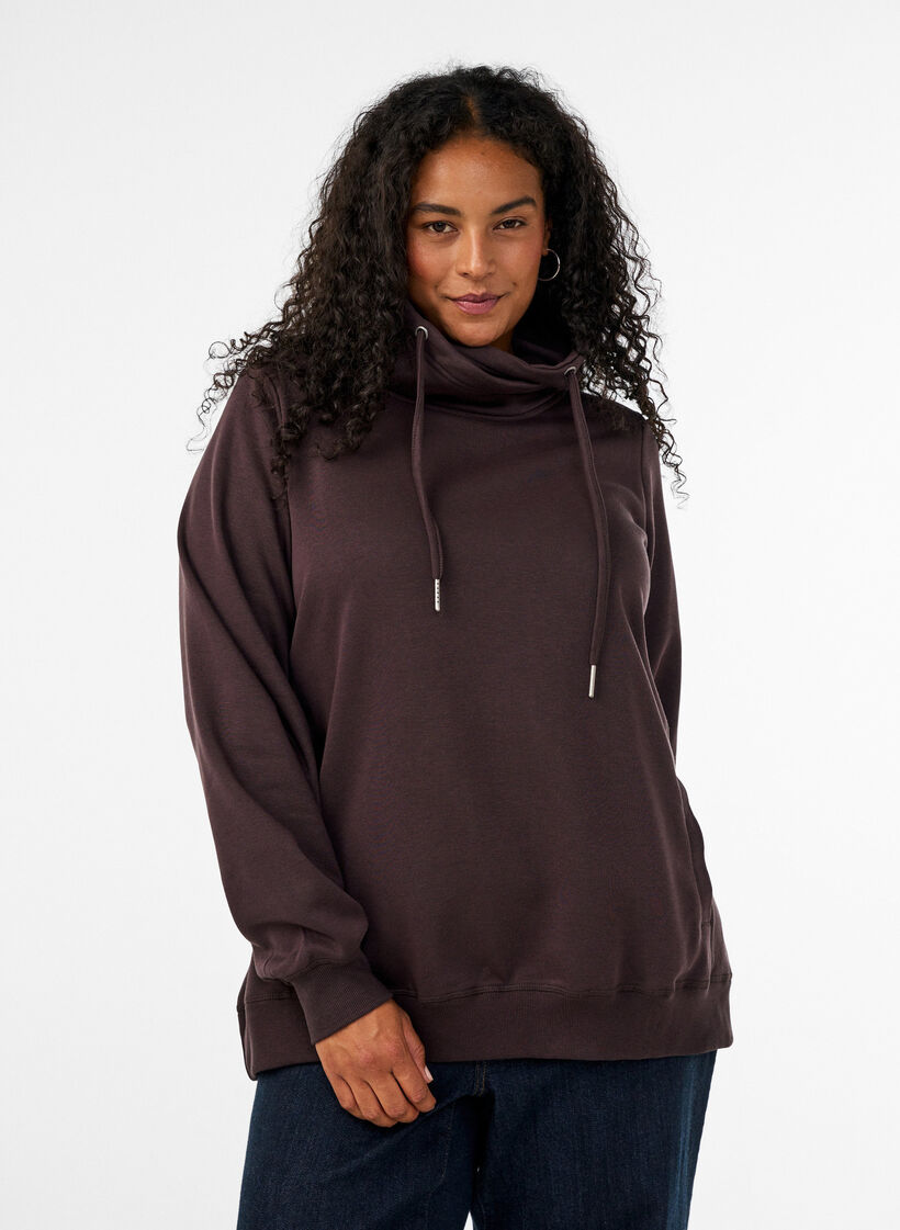 Sweatshirt with high collar and pockets, Brown, Model image number 0