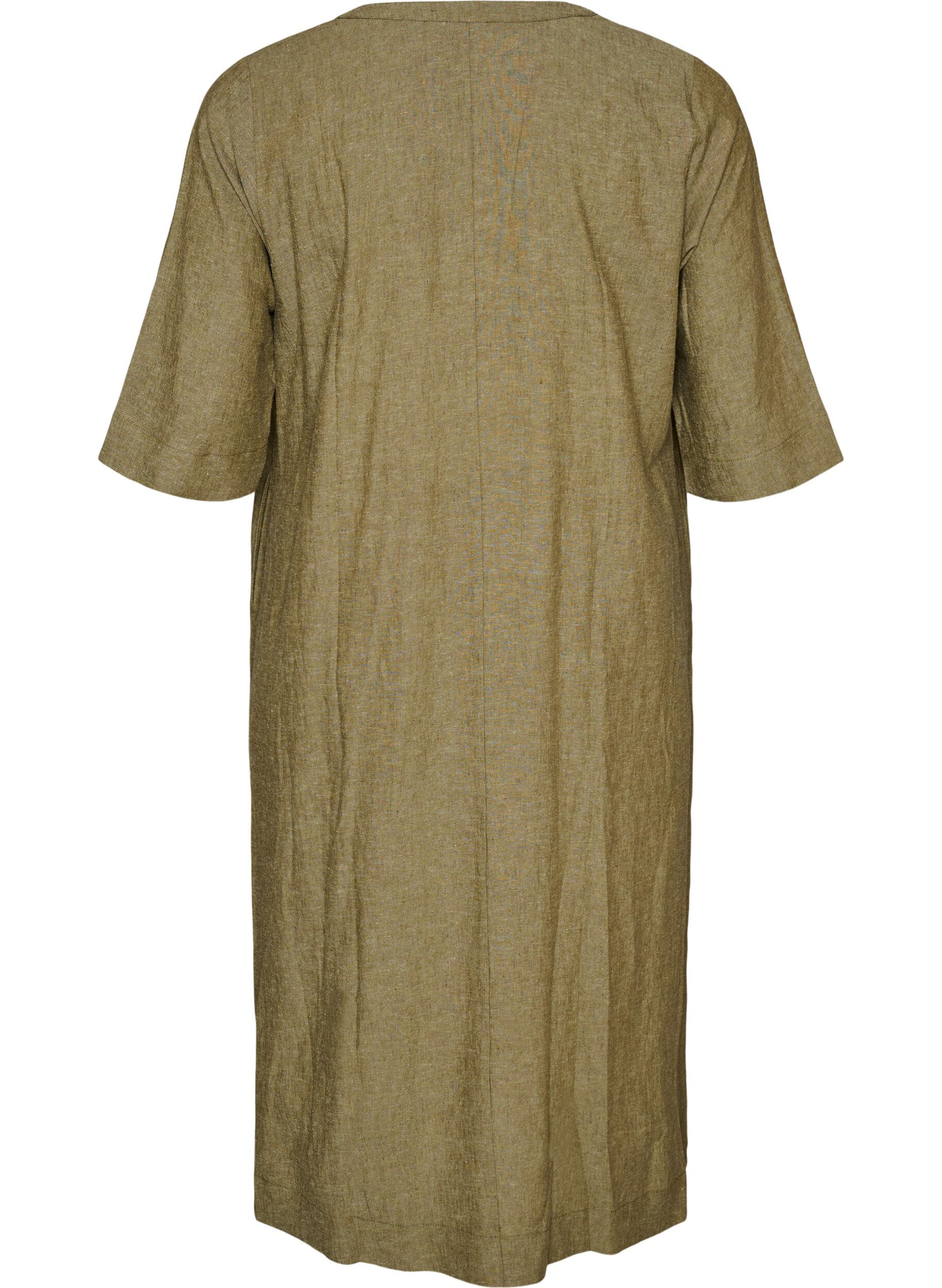 Zizzifashion Midi dress in linen and viscose with 1/2 sleeves, Green, Packshot image number 1