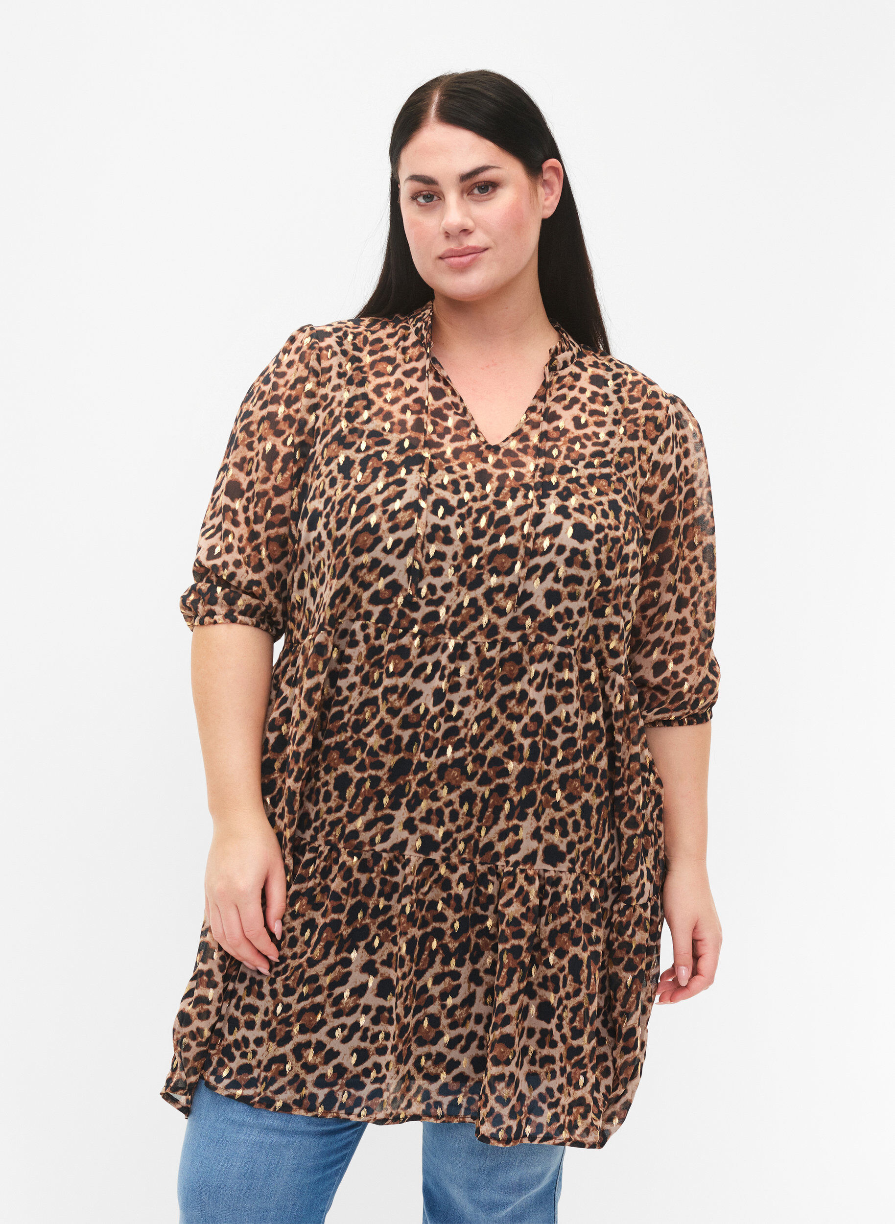 Zizzifashion Tunic with floral print and lurex, Leopard AOP, Model image number 0