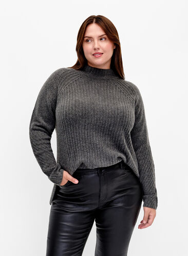 Turtleneck sweater with ribbed texture, Dark Grey Melange, Model image number 0