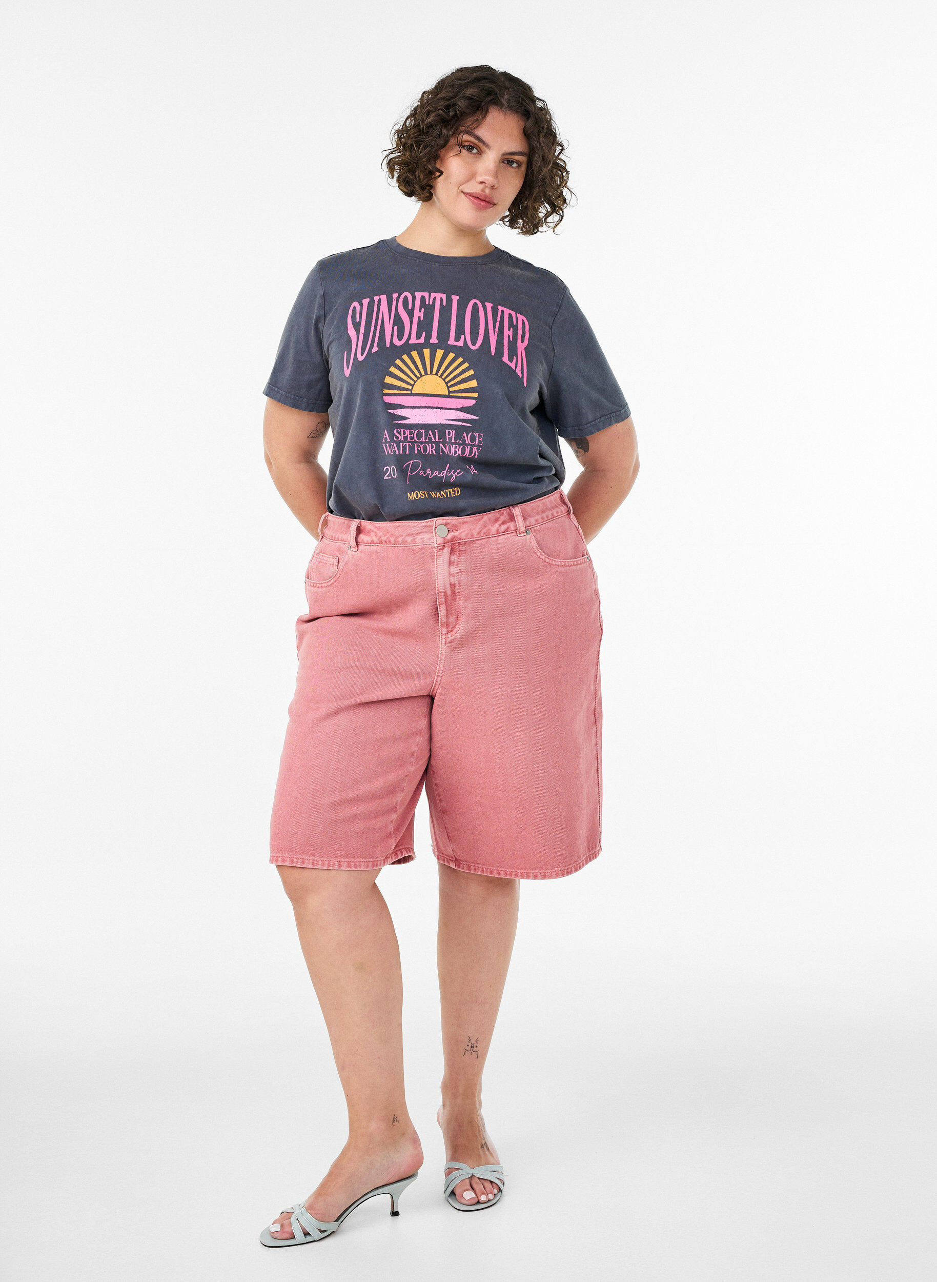 ZizzifashionCotton T-shirt with front print and a washed look, Grey, Model image number 1