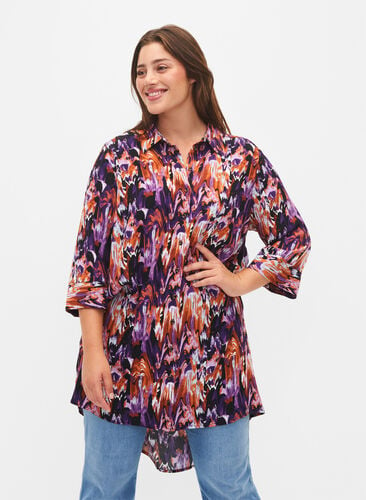 Long viscose shirt with print, Pansy AOP, Model image number 0