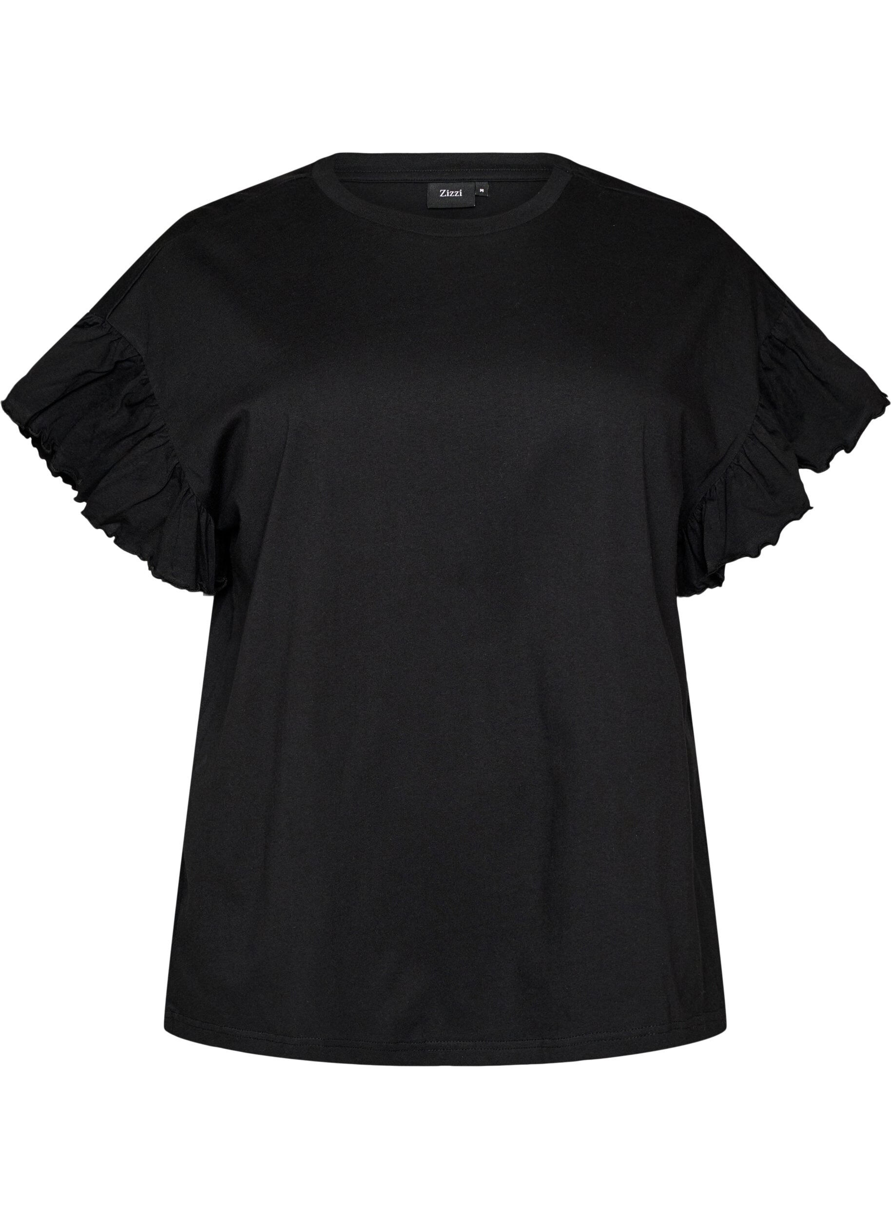 ZizzifashionOrganic cotton T-shirt with ruffle sleeves, Black, Packshot image number 0