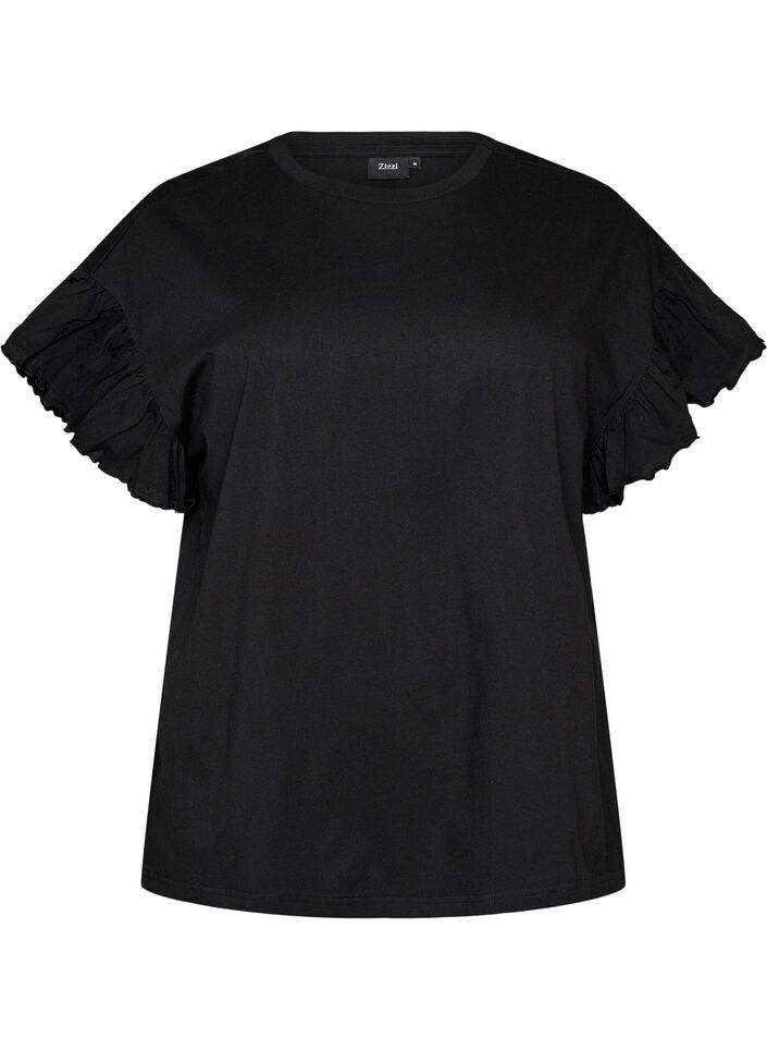 Organic cotton T-shirt with ruffle sleeves, Black, Packshot image number 0
